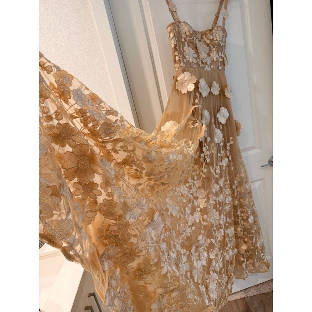 NEW BRONX AND BANCO JASMINE GOLD GOWN w flower appliqués, wedding max dress - Picture 11 of 12